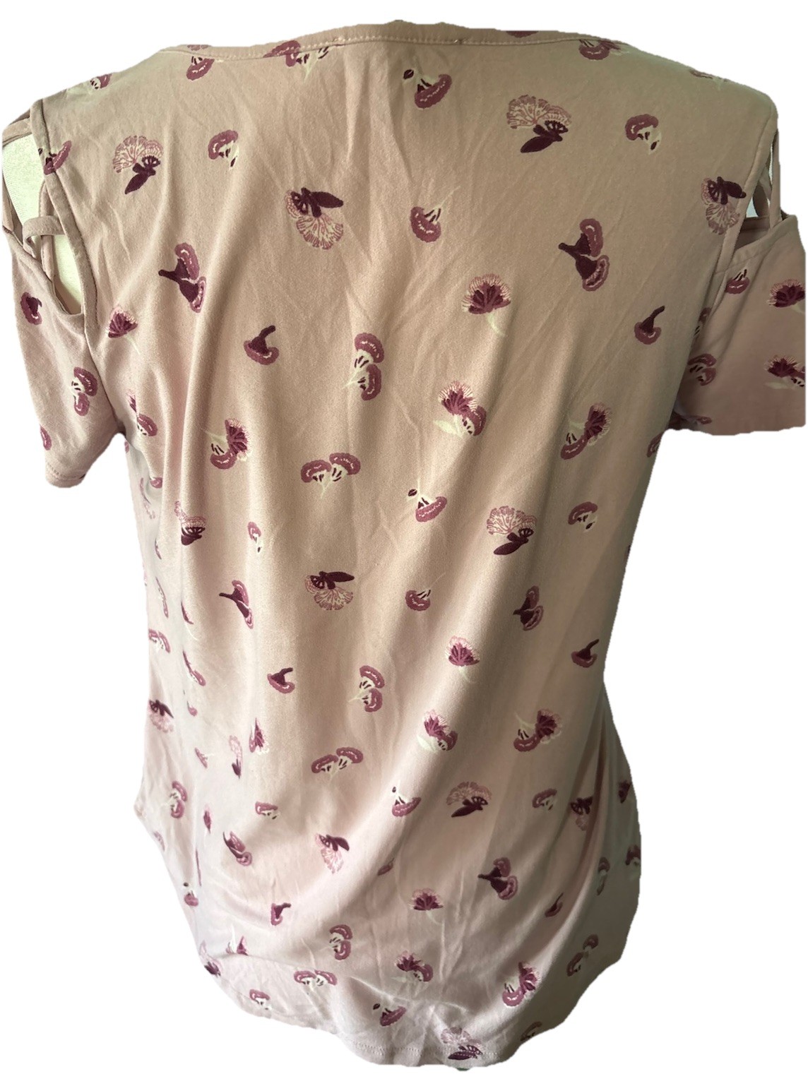 Pink Rose Floral Cold Shoulder Top Size S Lattice Sleeve Pink Mauve Small Boho gallery