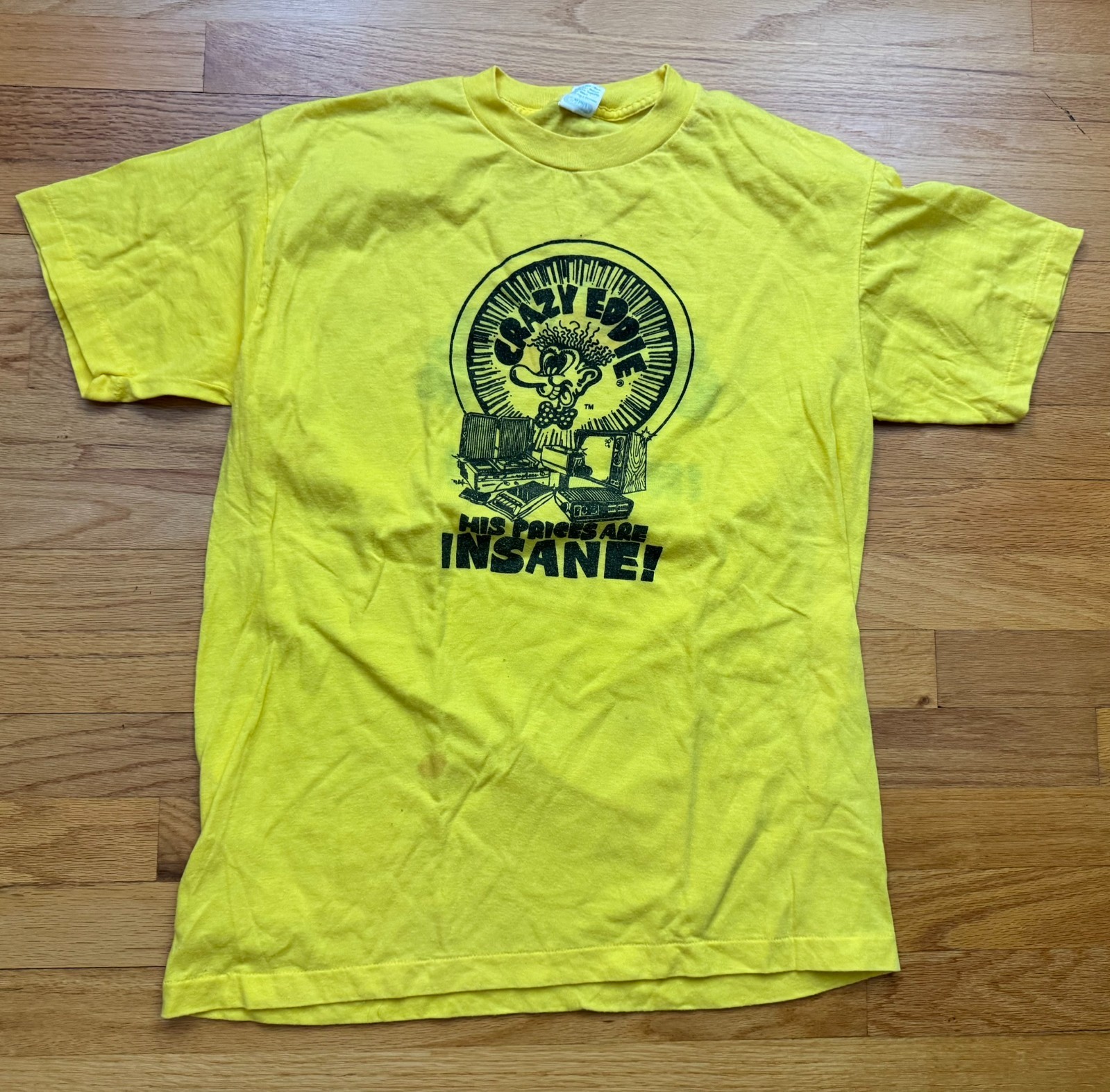 VTG Crazy Eddie T Shirt Mens Size XL Yellow 80s NYC MADE N USA Two Sided EX +