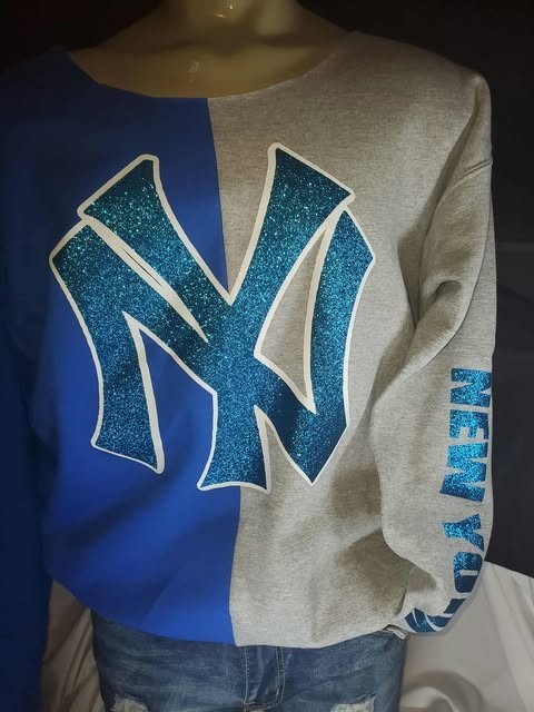 New York glitter raw edge sweatshirt cold shoulder off shoulder gallery