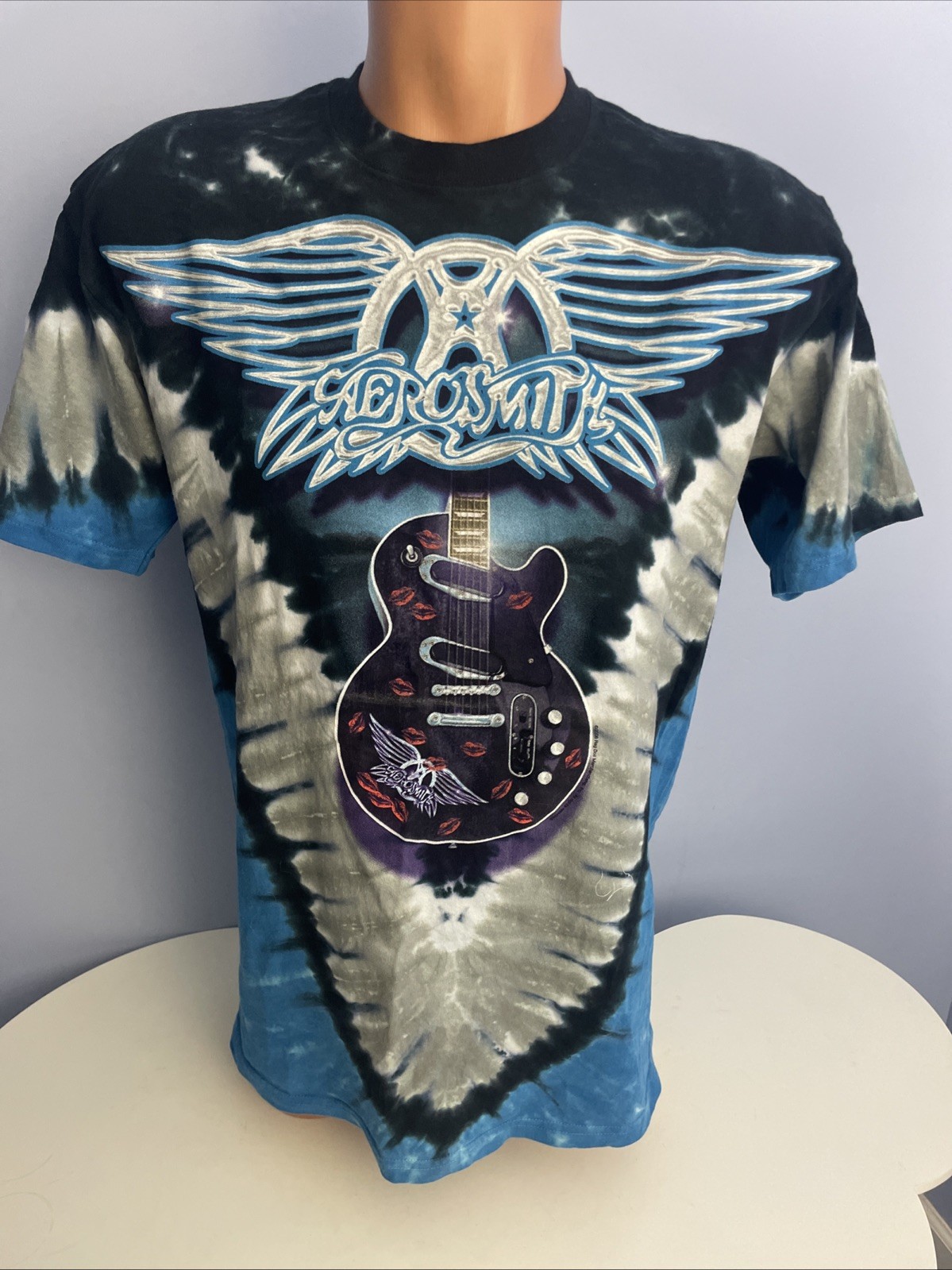 LIQUID BLUE Aerosmith Shirt Mens Medium Blue Tie Dye Rock N Roller Coaster Tee