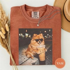 Funny Pomeranian Drinking Iced Coffee Shirt, Animal Meme Tee T-Shirt