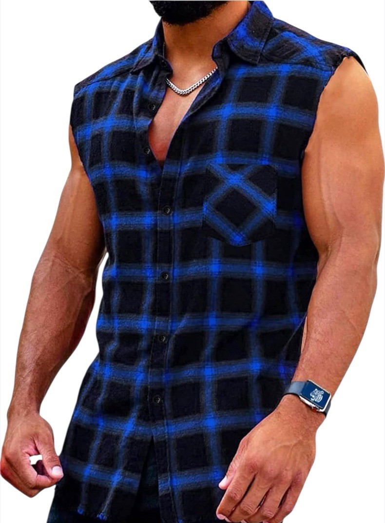 Devil King Sleeveless Flannel Shirt L NWT Plaid Biker Cutoff Vest Blue