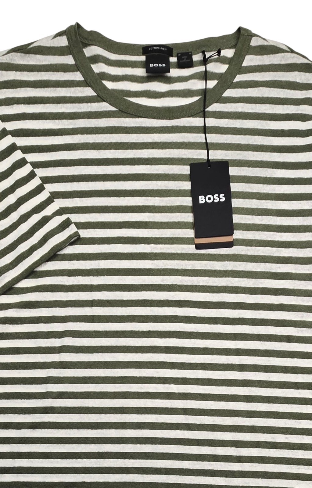 Hugo Boss XL Men’s Cotton Linen T-shirt White Olive Green Striped New XL