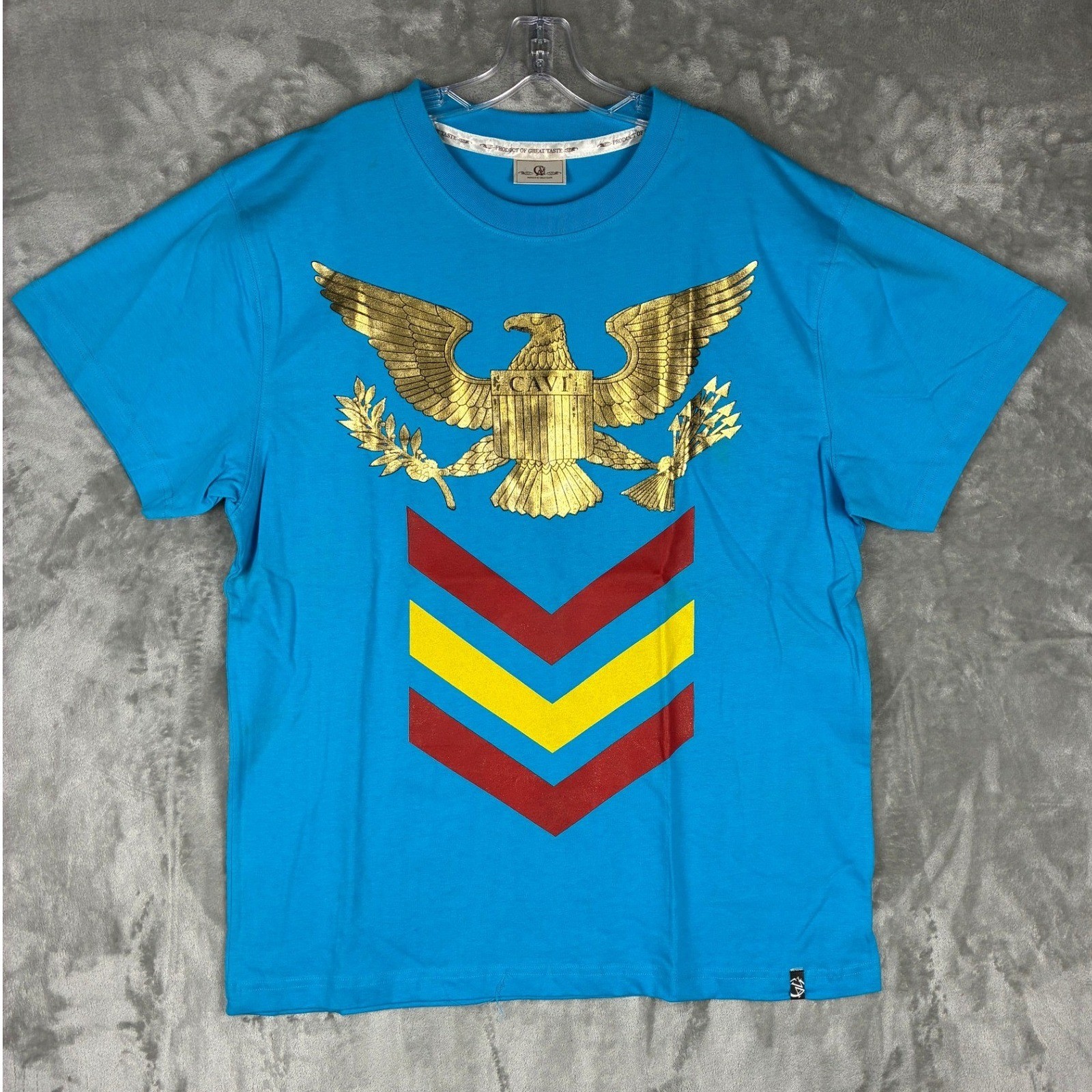 Cavi Art of Great Taste Men 2XL Blue Graphic T-Shirt Golden Eagle Chevron Cotton gallery