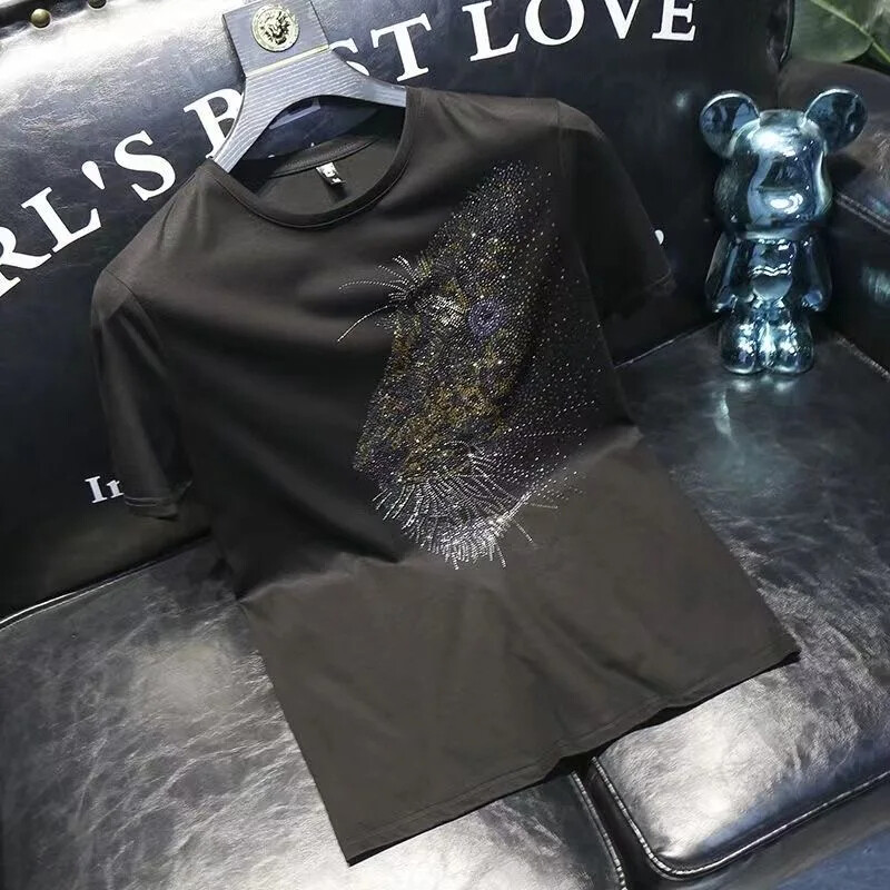 New Men Fashion Leopard Trend Hot Diamonds Rhinestones Summer Luxury T-Shirt gallery