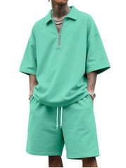 Men 2 Pieces Outfits Casual Quarter Zip Shirt and Shorts Set Summer Hip Hop Sets