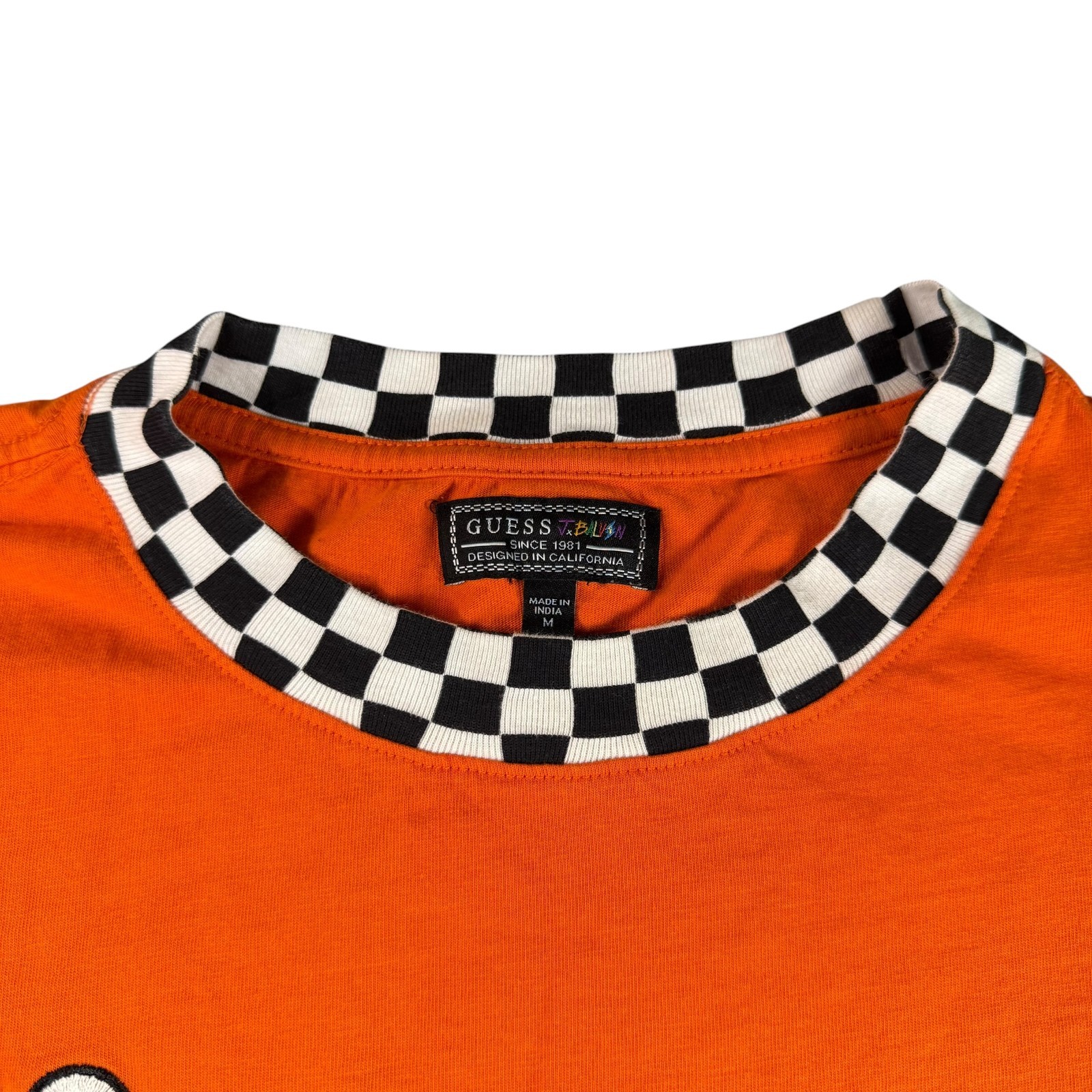 Guess X J Balvin Sz Medium T-Shirt Orange Checkered Collar Embroidered Colorful gallery