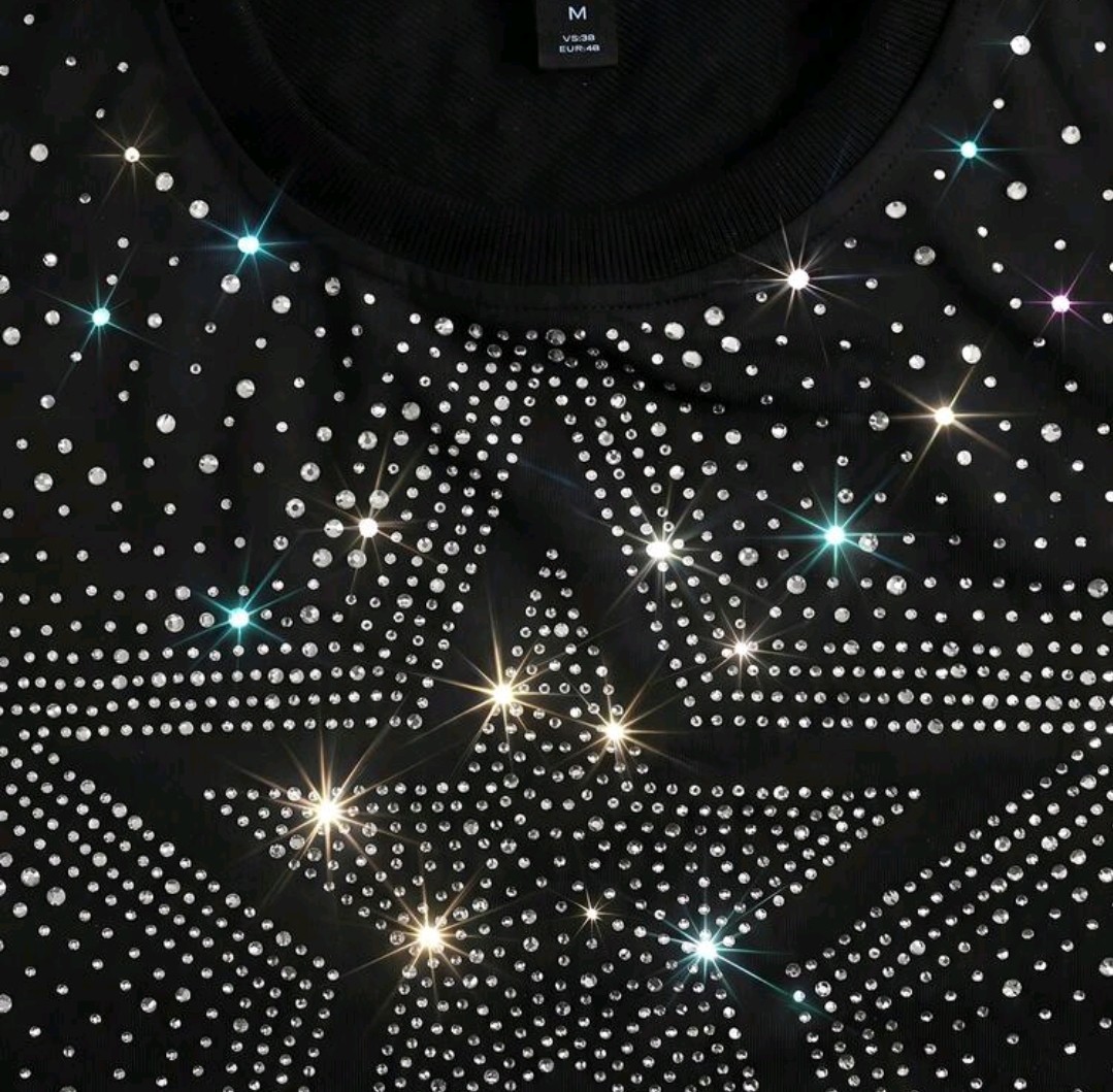 New Men Luxury Diamond Star Rhinestones Fashion Black T-Shirt High Quality gallery