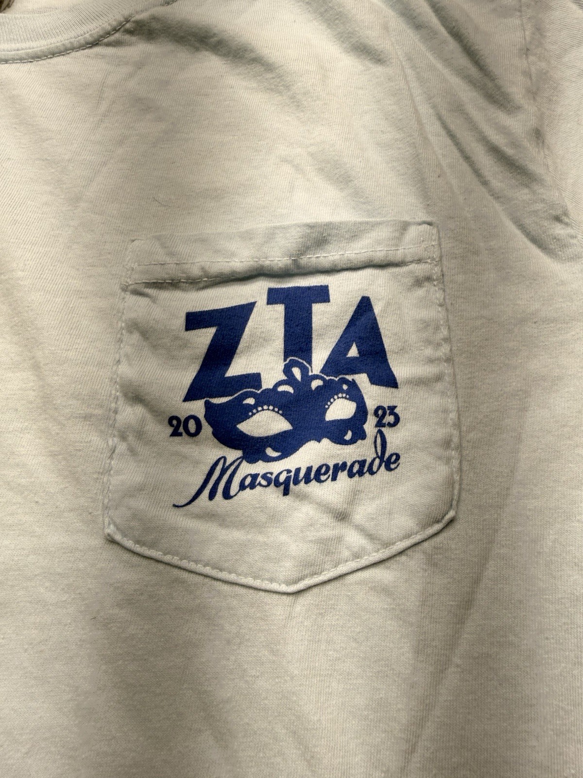 Zeta Tau Alpha ZTA Sorority Masquerade 2023 Formal DJ Pocket T-Shirt Blue Large gallery