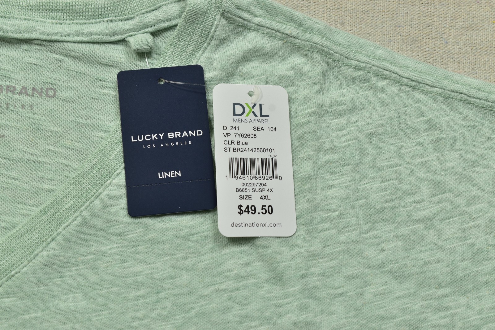 Lucky Brand Men's V Neck T Shirt Short Sleeve Green Linen Blend Size 4XL NEW gallery