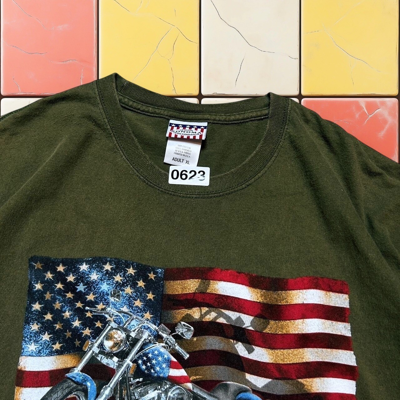 Vintage Y2K American Flag Motorcycle T-Shirt Men XL Biker Sonoma Grunge USA Tee gallery