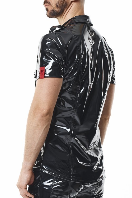 Men’s Black Shiny PVC Shirt Slim Fit Snap Button Stand Collar Top gallery