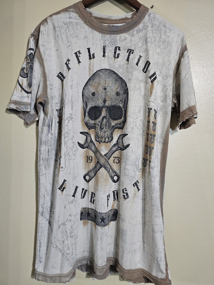 Affliction Live Fast Skull Graphic T Shirt Men Large Distressed Biker Grunge USA