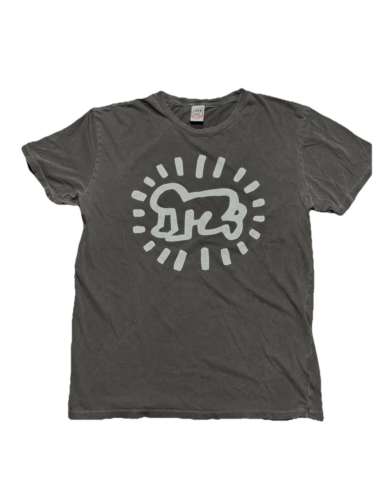 OBEY X Keith Haring Radiant Baby T Shirt Crew Neck Size L Gray Faded Black