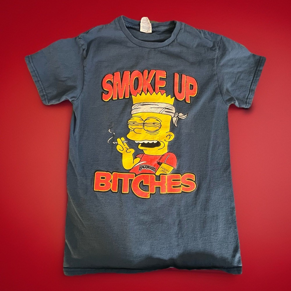 SMOKE UP BITCHES Bart Simpson T-shirt Backwoods GILDAN Heavy Cotton Small Blue