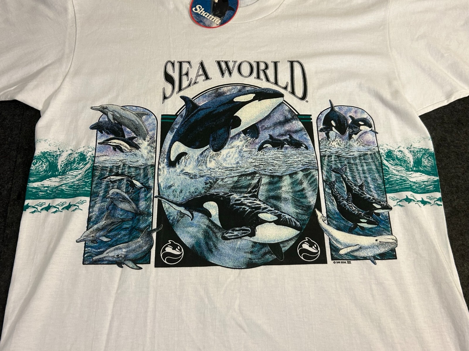 Vintage Sea World San Segal XCII Orca Shamu Dolphin White SS Shirt Large NWT gallery