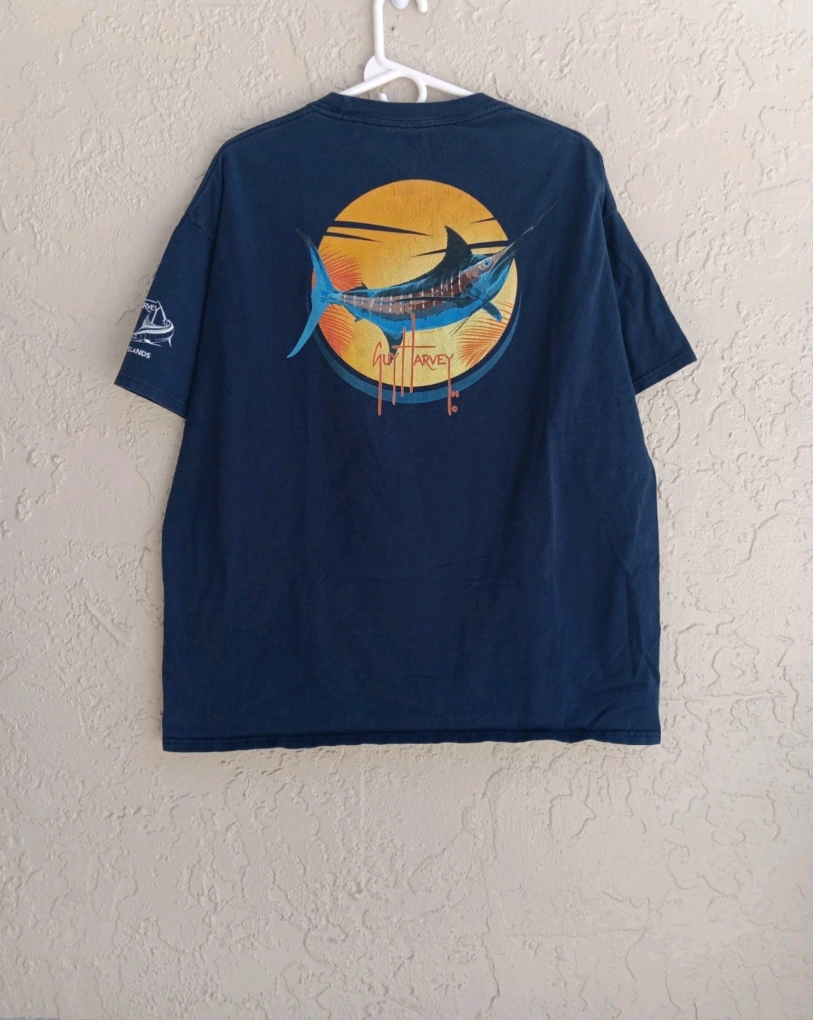 Guy Harvey By AFTCO Bluewater T Shirt Mens Sz XL Graphic Logo Pocket Navy Flaws