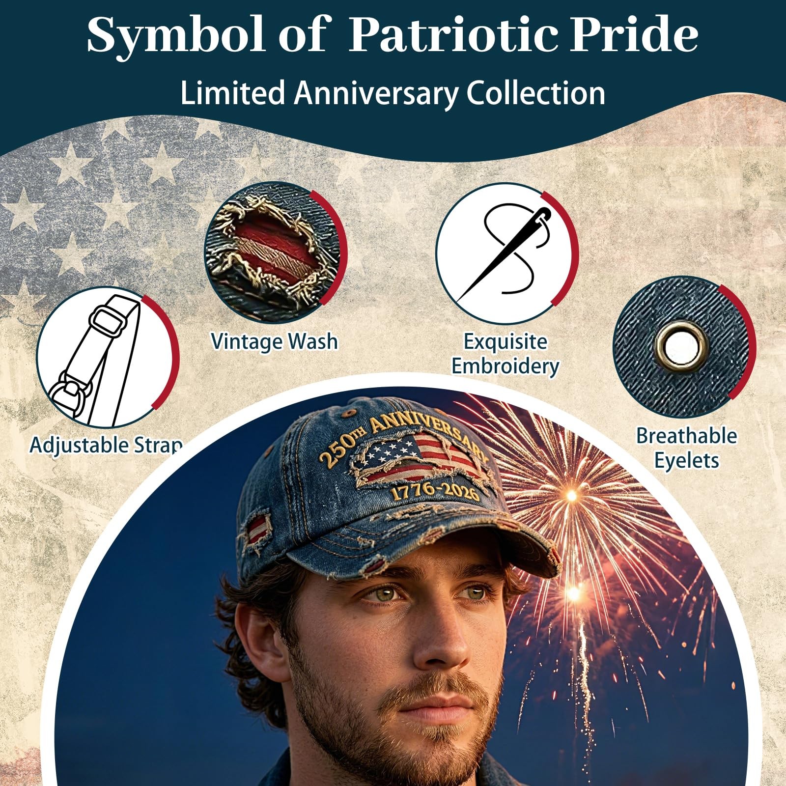 USA 250th Anniversary Distressed Casual Cap,250 Anniversary USA hat 1776-2026... gallery