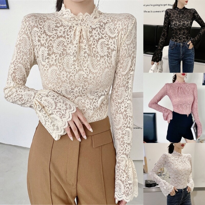 Women Long Sleeves Blouse Turtleneck T-shirt Stretch Lace Bottoming Tops gallery