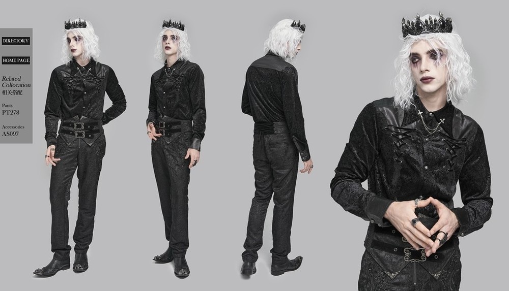 Devil Fashion Men Black Gothic Punk Retro Jacquard Faux Leather Spliced Shirt