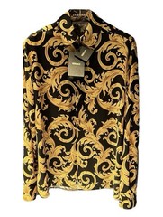 Versace Informal Shirt Twill Poly Baroque Black And Gold 46IT(S US) $1750 Retail