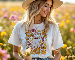 Cute Ghost Halloween Pumpkin Floral Graphic Tee Autumn Aesthetic A164