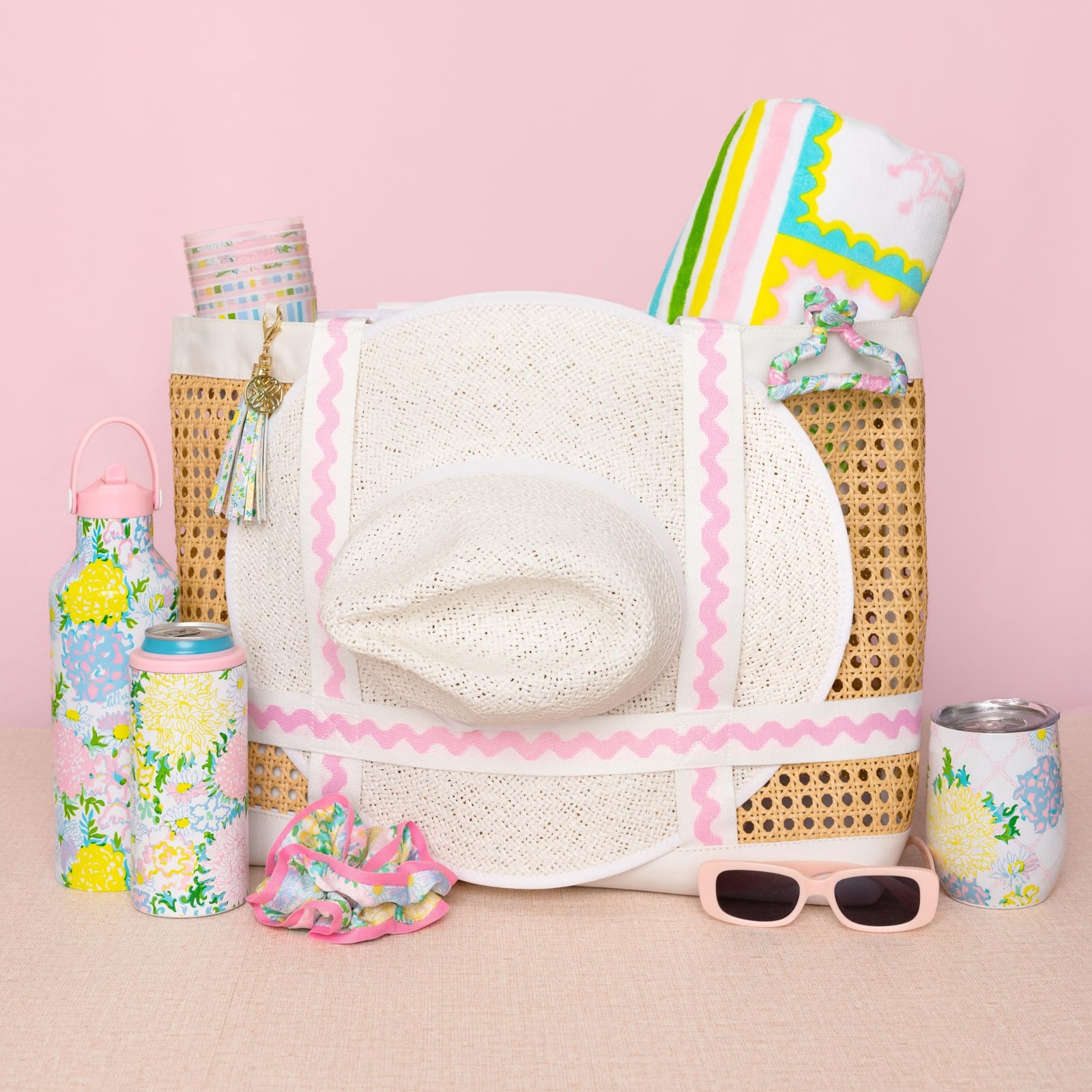 Large Travel Tote Bag with Hat Holder Strap, Caning Beach Bag with Tassel Key... gallery