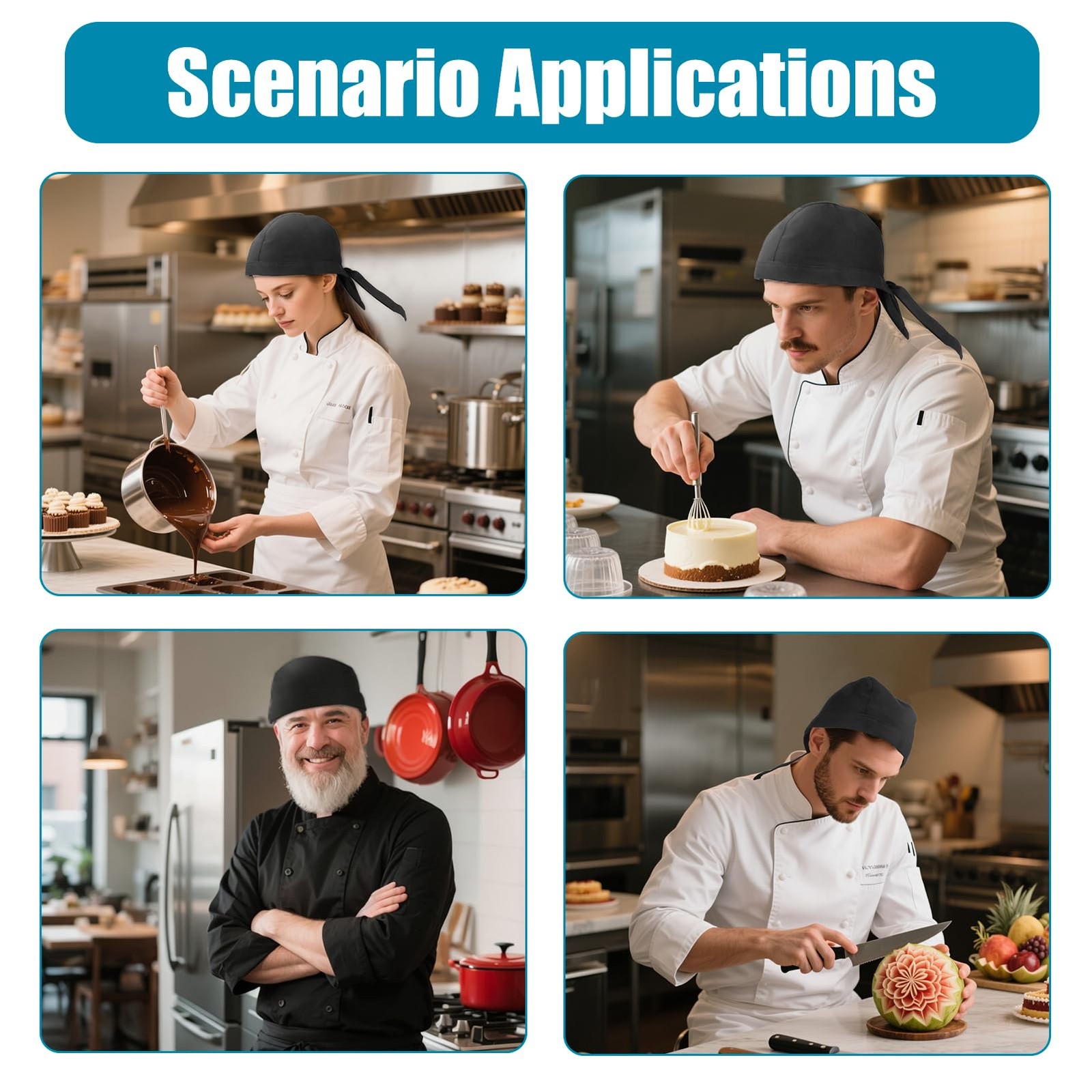 6PCS Chef Hat, Tie Back, Men, Adjustable, Washable, Breathable, Skull Cap, Cook gallery