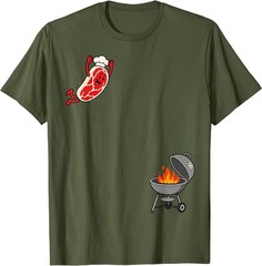 Funny Chef Steak Jumping Into BBQ Grill Cartoon T-Shirt