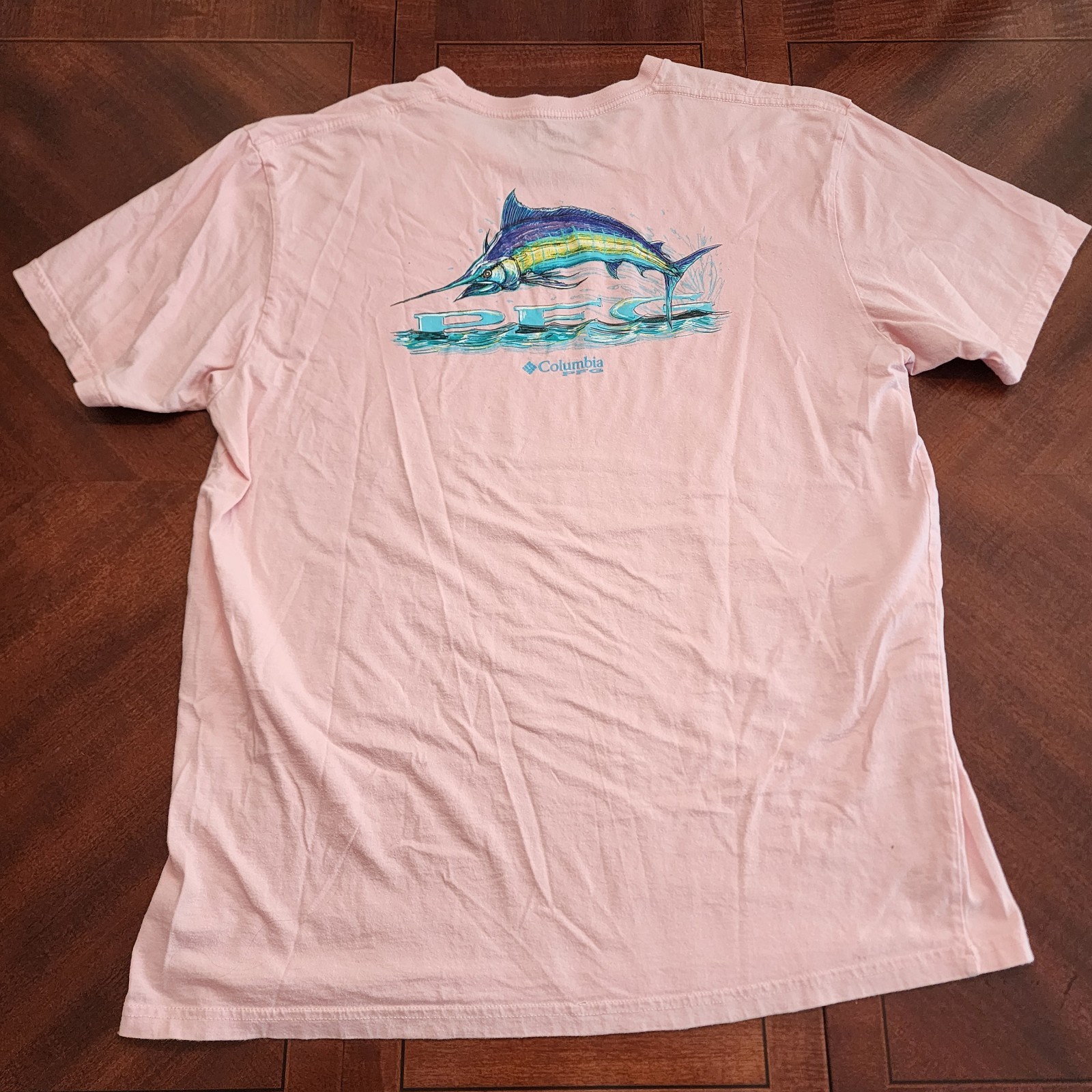 Columbia PFG Double Sided Graphic Pink Crew Neck T Shirt Sz XL Fish Marlin Gear