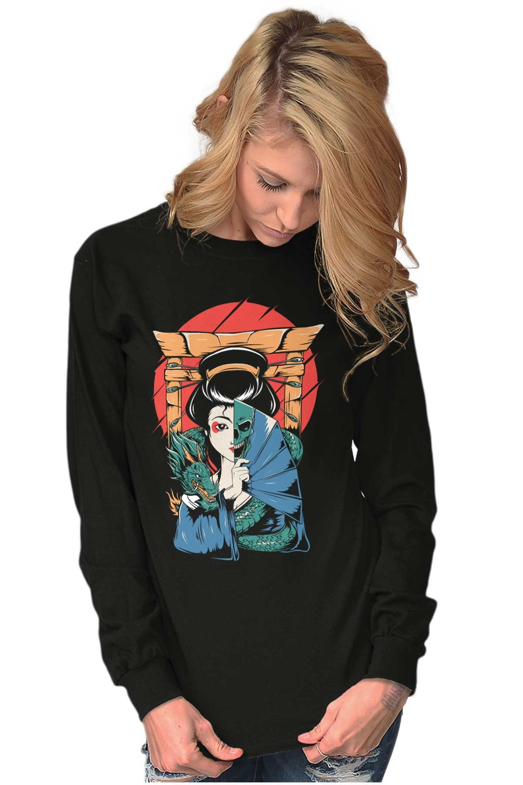 Traditional Geisha Split Face Skull Dragon Long Sleeve Tshirt for Men or Women gallery