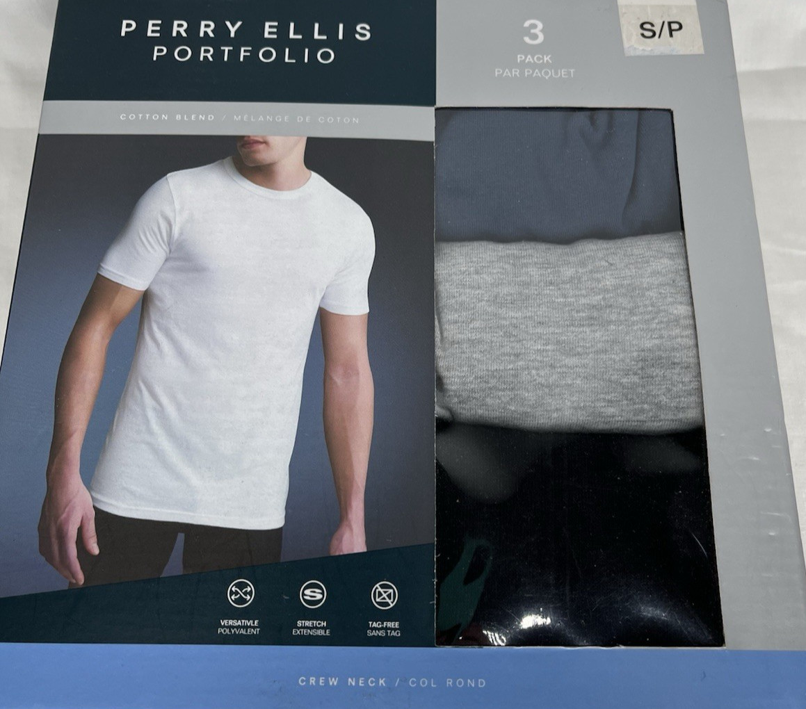 PERRY ELLIS Men's Crew Neck Tees SZ Small 3-Pk Cotton Blend Stretch Grey Black gallery