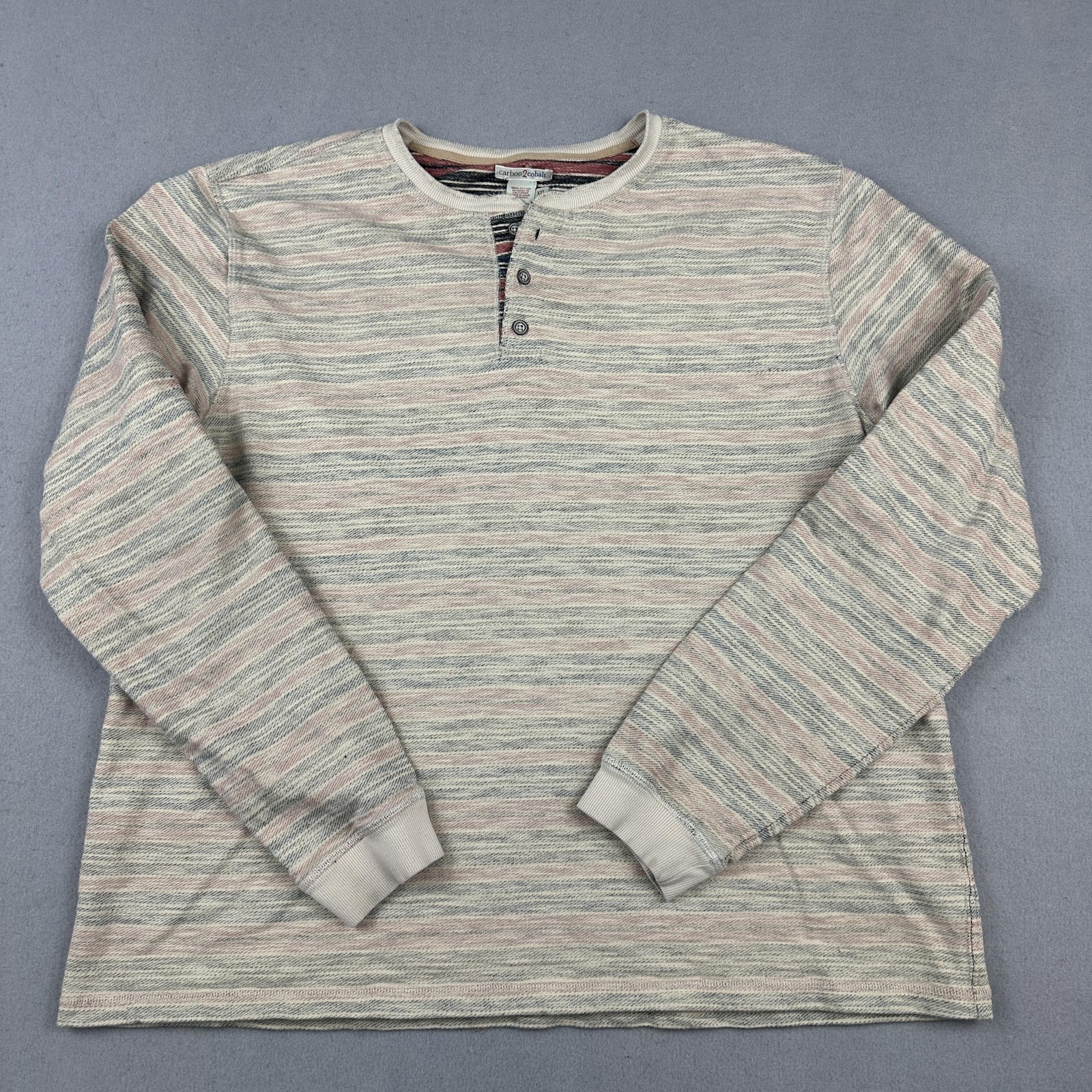 Carbon2Cobalt Shirt Men 2XL Beige Striped Henley Long Sleeve Knit Pullover XXL gallery