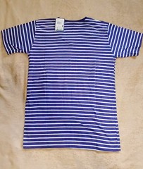 Nautical Style Blue/White Striped Men’s V-Neck T-shirt by Bottoms Out – Medium