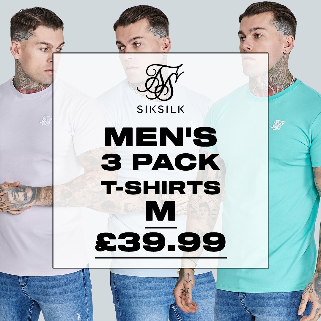 SikSilk Men’s 3 PACK of Essentials Muscle Fit Tee’s Lilac, Green & Blue Medium