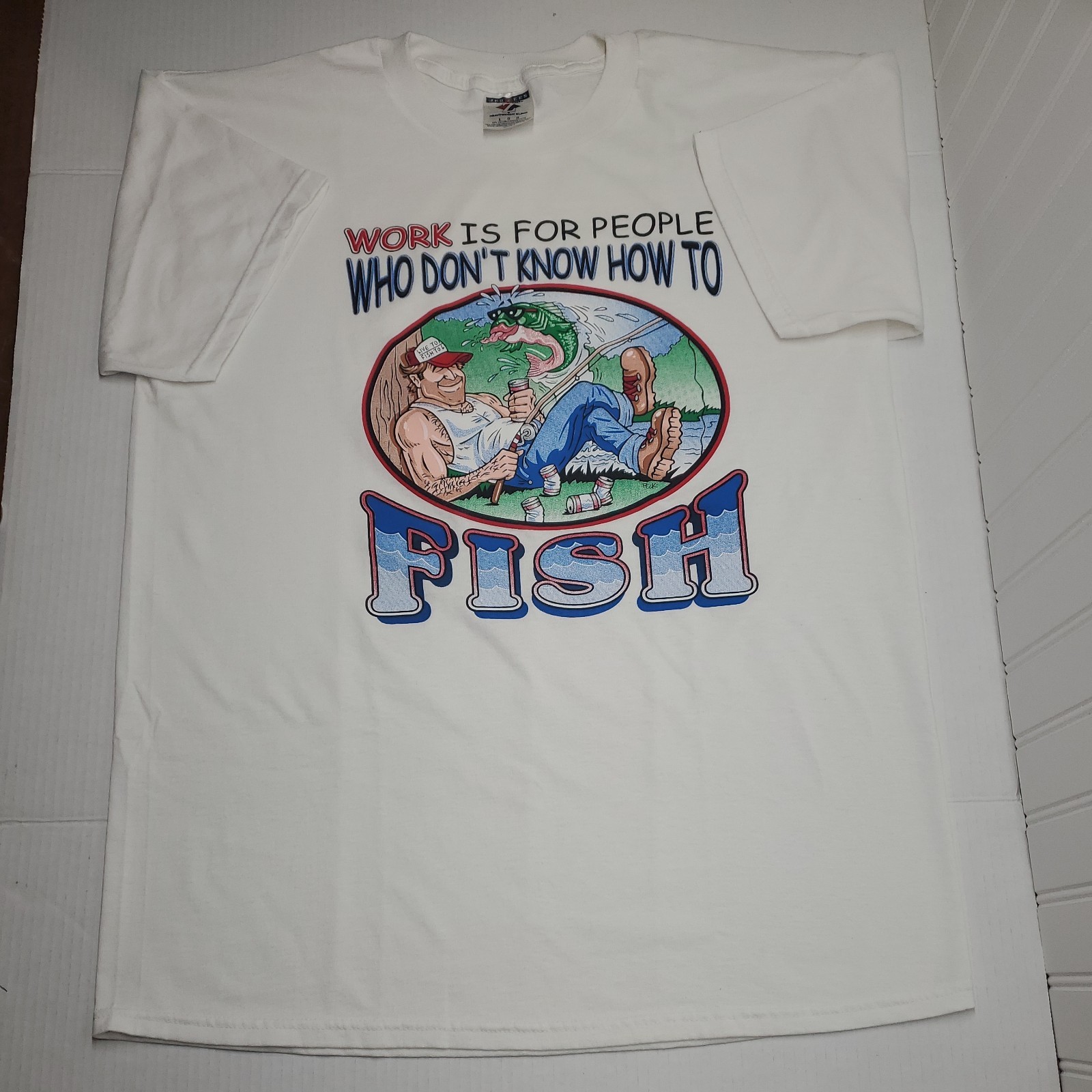 Vintage “Work is for People who don’t know how to Fish” White T-Shirt Size L