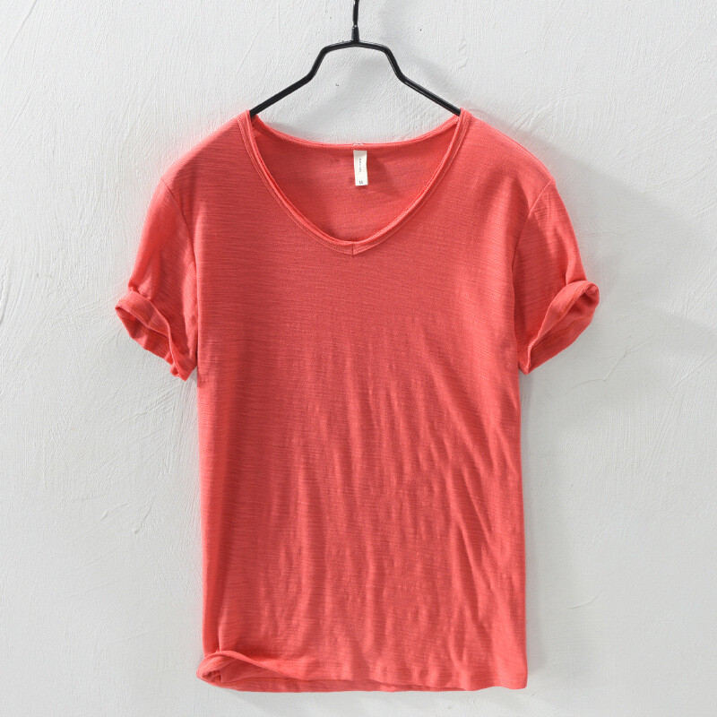 Men Pure Color Cotton Short Sleeve T-shirts V-neck Sports Casual Tops Summer gallery