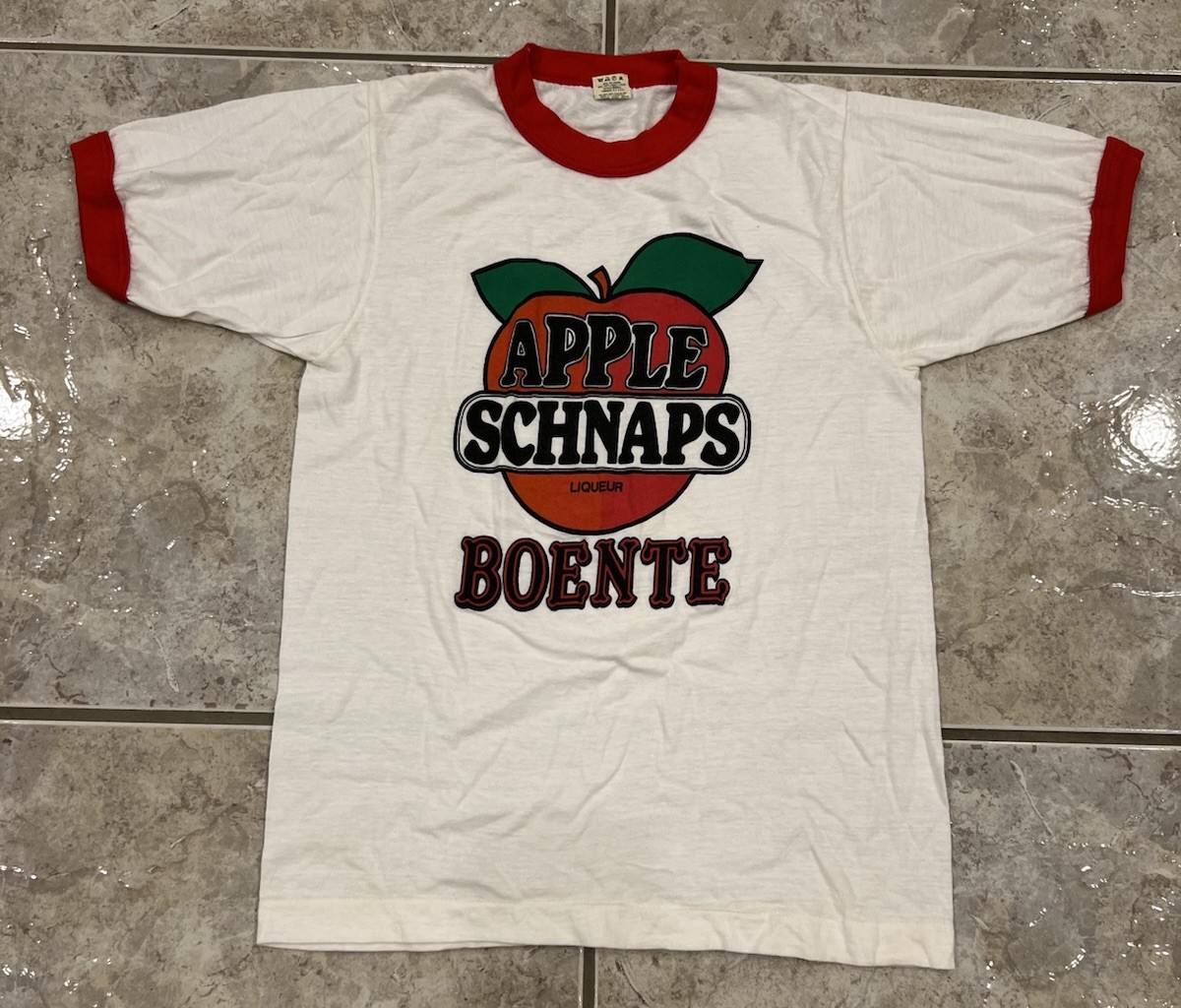 Vtg Adult XS/S Apple Schnapps Liqueur Boente Red White T-Shirt Ringer EXCELLENT