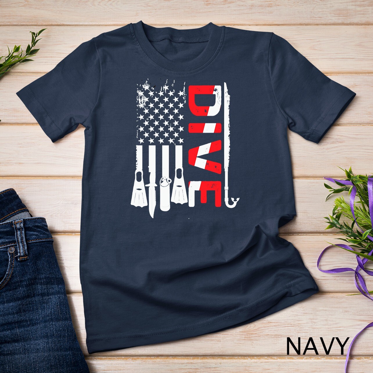 Vintage Scuba Diving Gear American Scuba Diver Down Flag Unisex T-shirt gallery