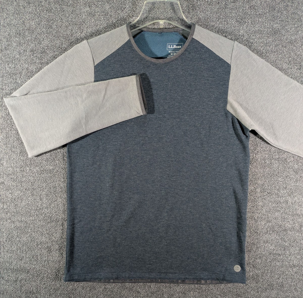 LL Bean Shirt Mens Medium Gray Blue Crew Wool Blend Fleece Lined Long Sleeve