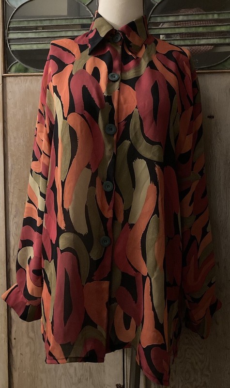Thelma Fewo Paris Crepe Silk Semi-Sheer Blouson Shirt T-2 (S) Abstract MOD EUC