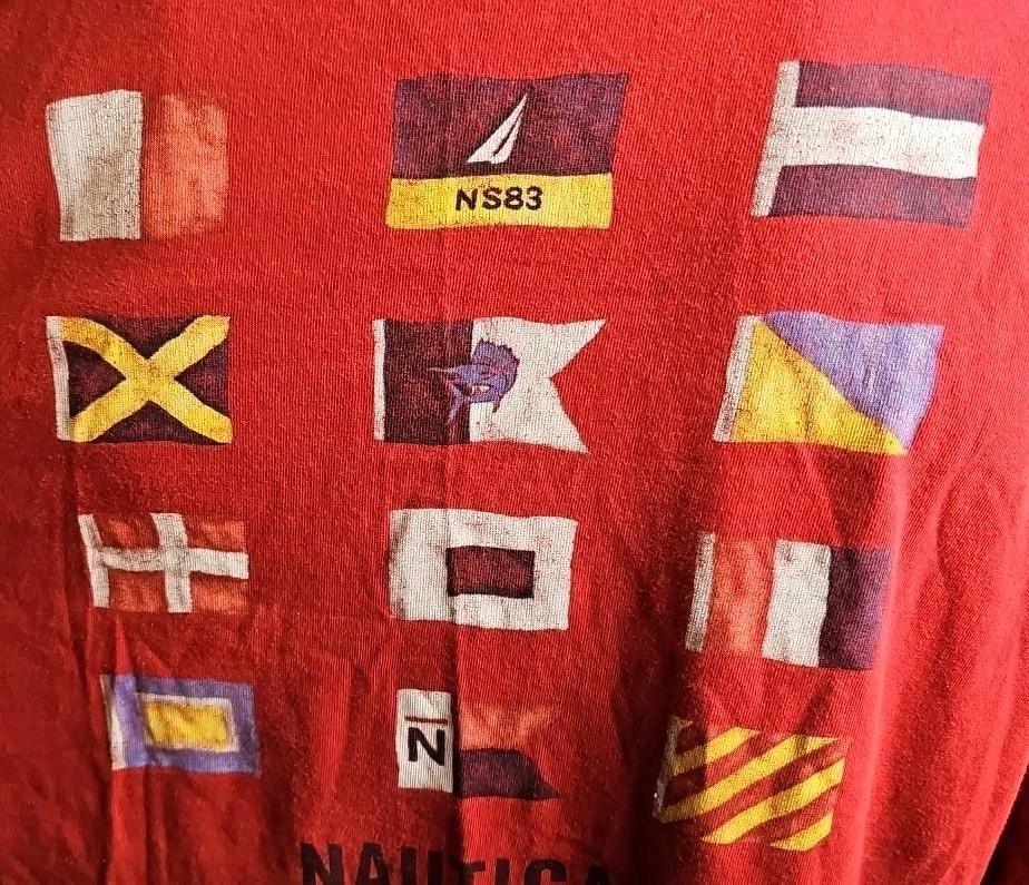Vintage Nautica Long Sleeve Shirt Men's Size L Red Nautical Flags Made In Canada gallery