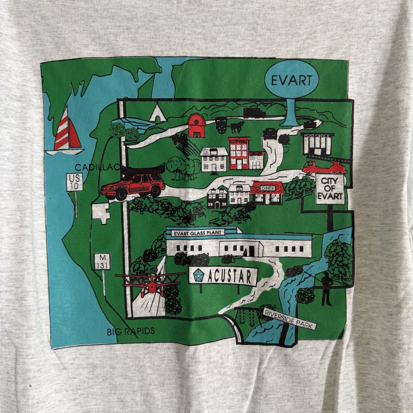 VINTAGE TeeJays Single Stitch Map of Evart Michigan with Landmarks Size Medium gallery