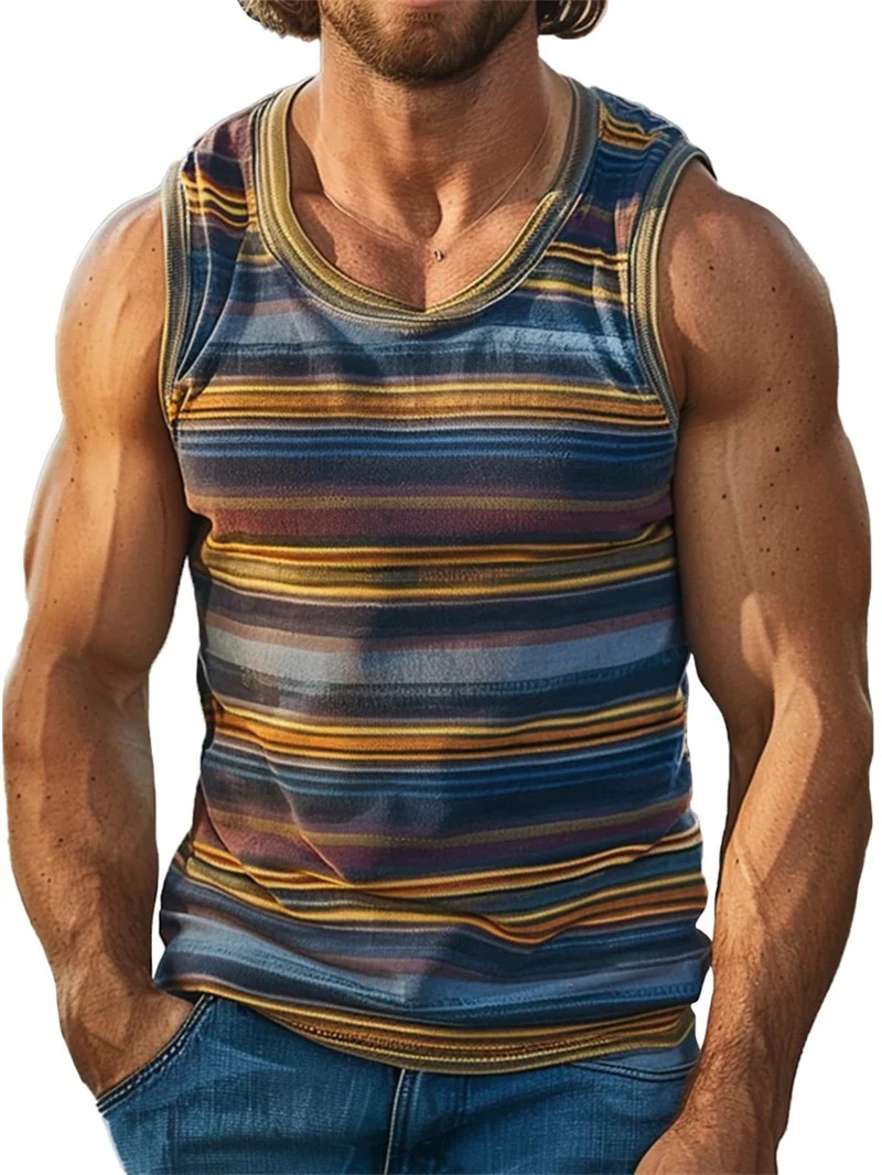 Retro Striped 3D Graphic Tank Top for Men – Sleeveless Quick-Dry Summer Vest gallery
