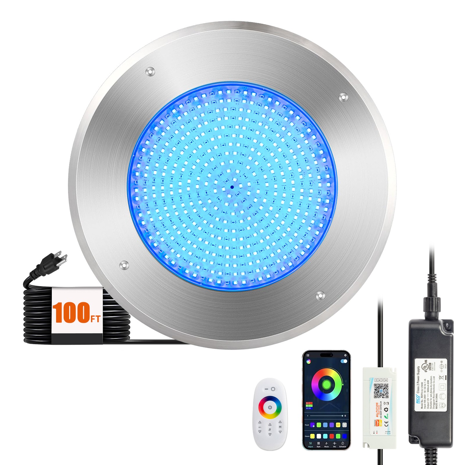 10″ LED Pool lights 120V 54W Swimming Pool Lights with 100FT Cord, App/Remote