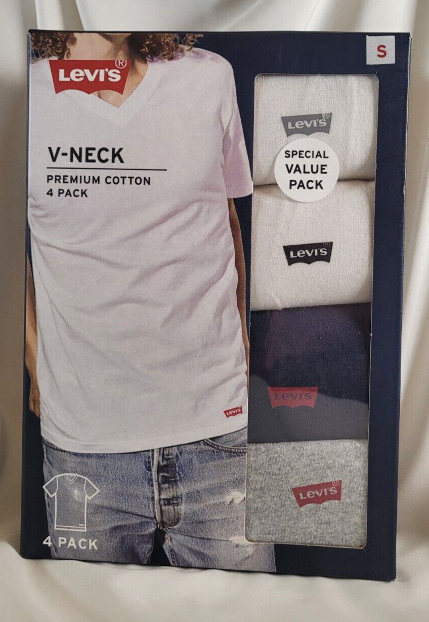 Levi’s 4 Pk V-Neck T-Shirts S White Navy Gray Premium Cotton Levis FREE SHIPPING