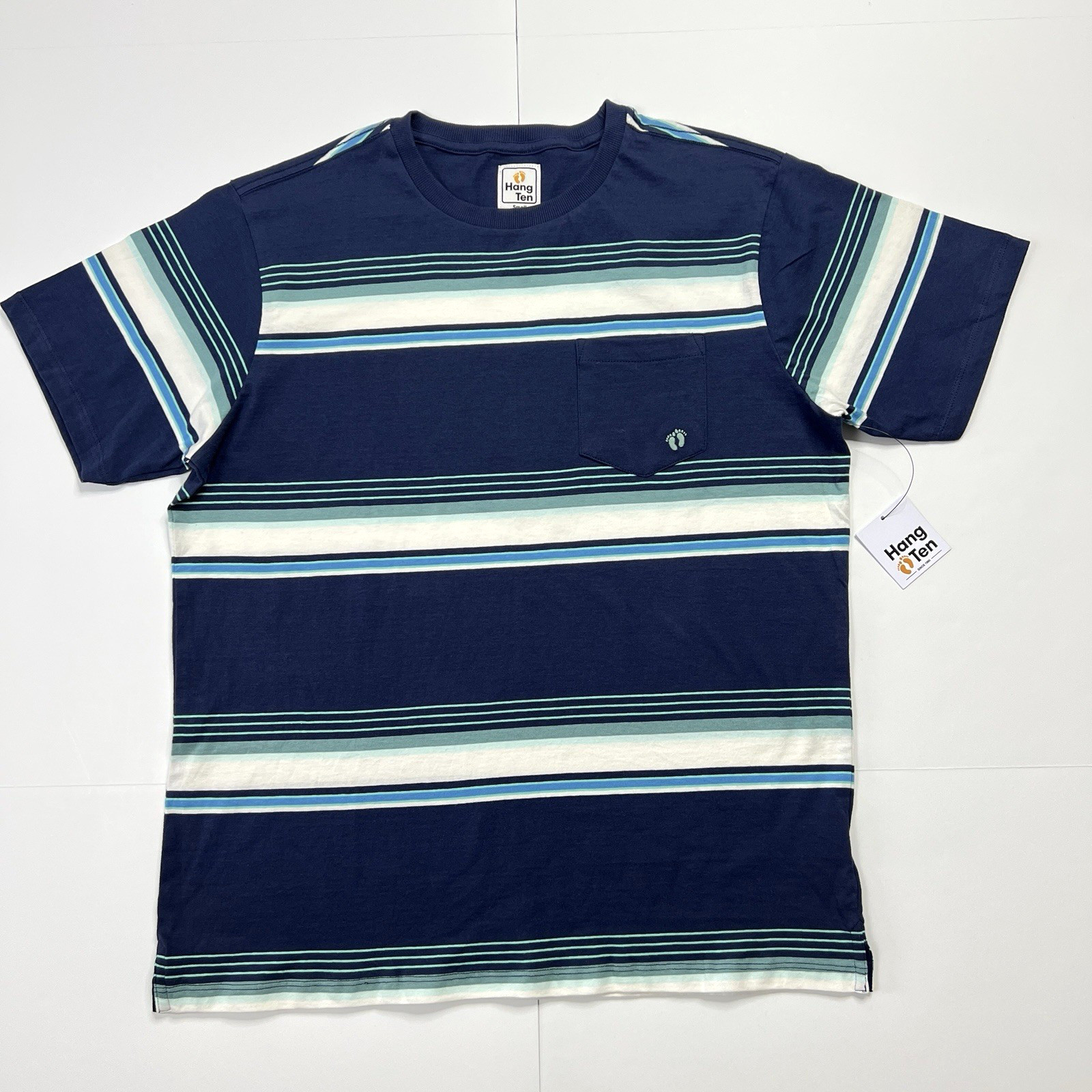 Hang Ten Striped Pocket Tshirt Blue White Short Sleeve Black Size Small NWT