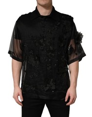 Dolce & Gabbana Black Floral Applique Sheer Short Sleeve Men’s Shirt