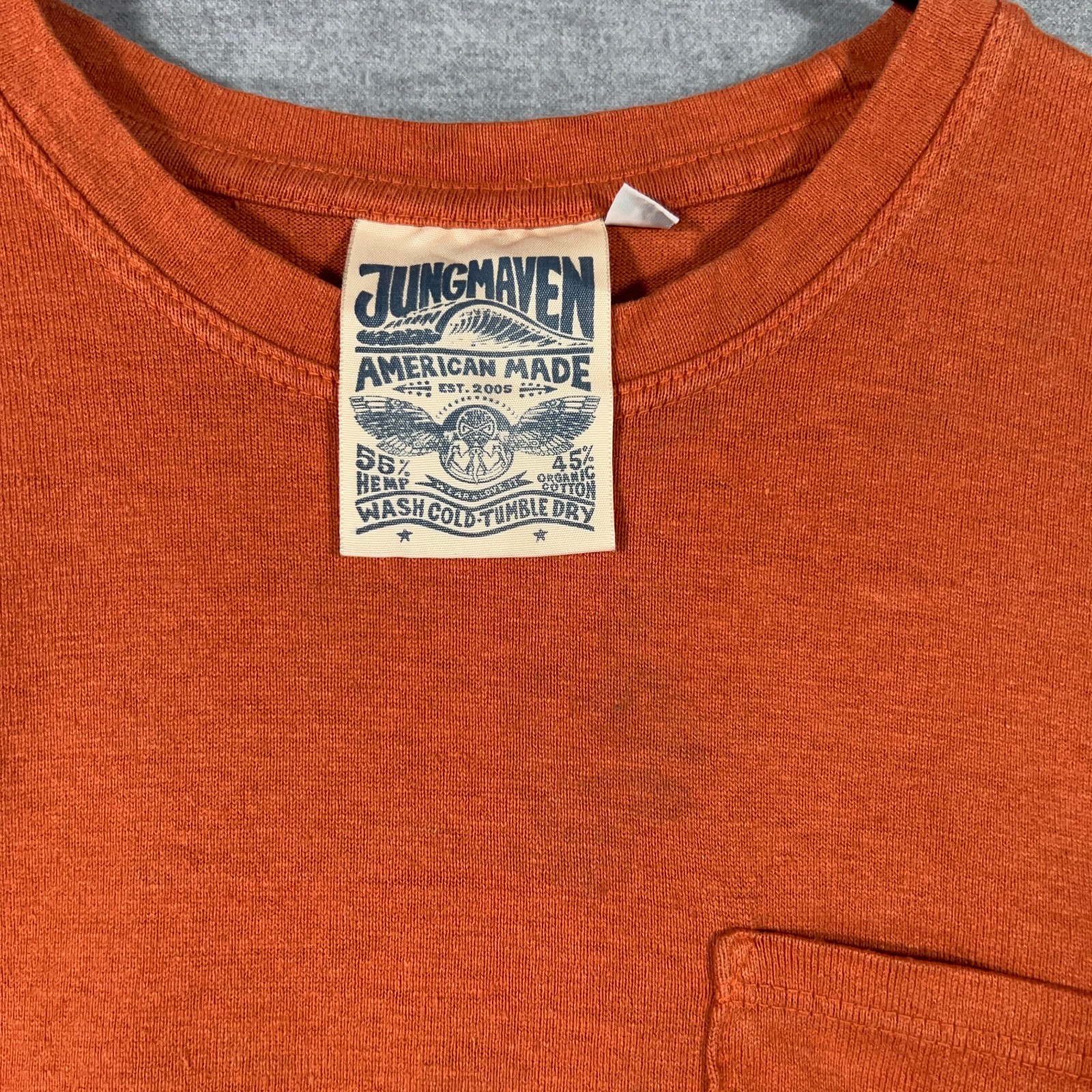 Jungmaven Shirt Mens Medium Orange Solid Pocket Tee Hemp Blend USA Made gallery