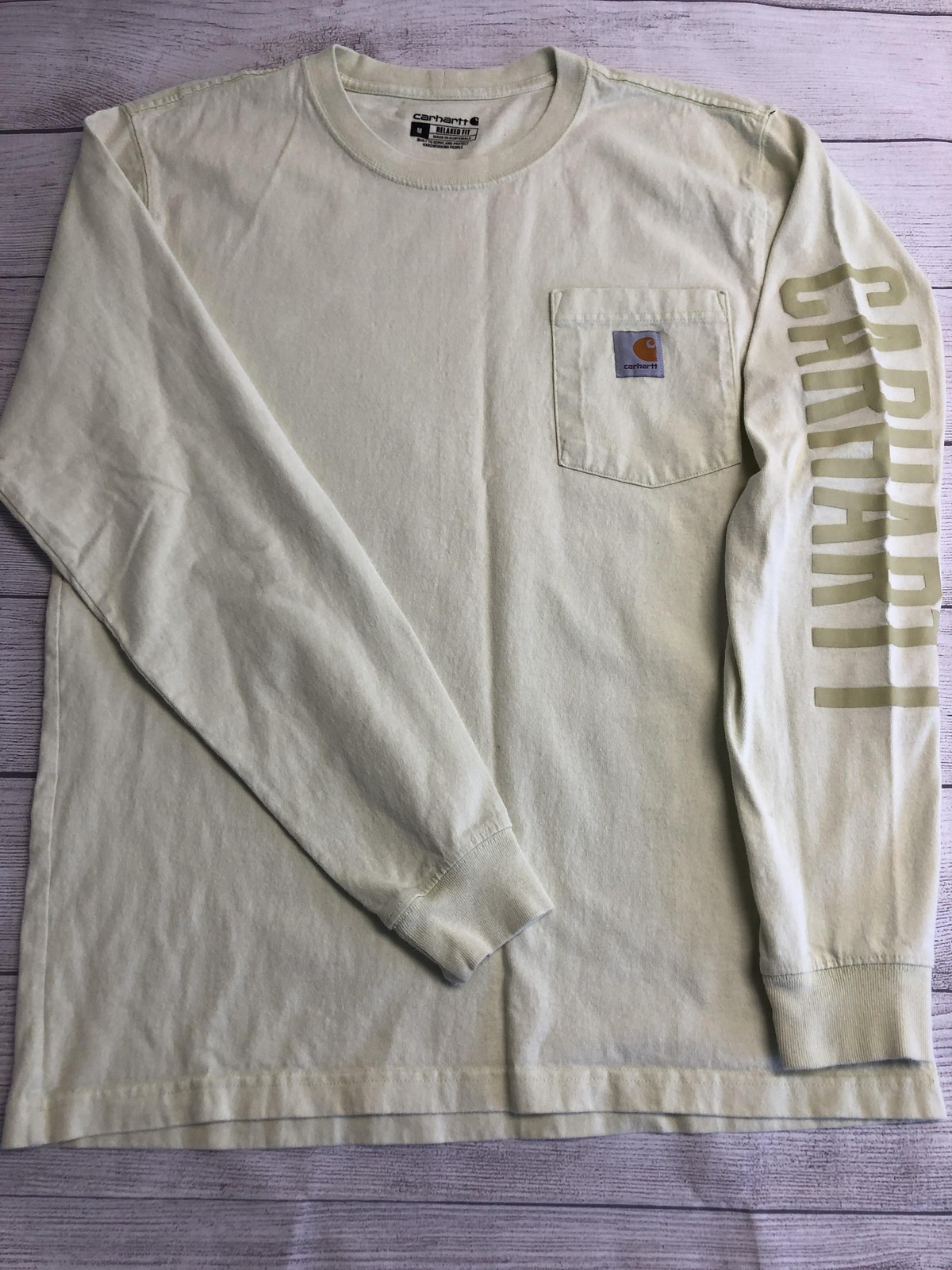 Carhartt Shirt Mens Medium Yellow Long Sleeve Pocket Logo Tagless Relaxed Fit